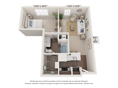 Floor plan for 1 bed, 1 bath, 658 sqft